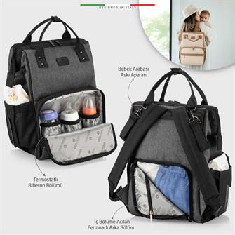 EleleLife Venice 3in1 Anne Bebek Bakım Çantası Siyah-Gri