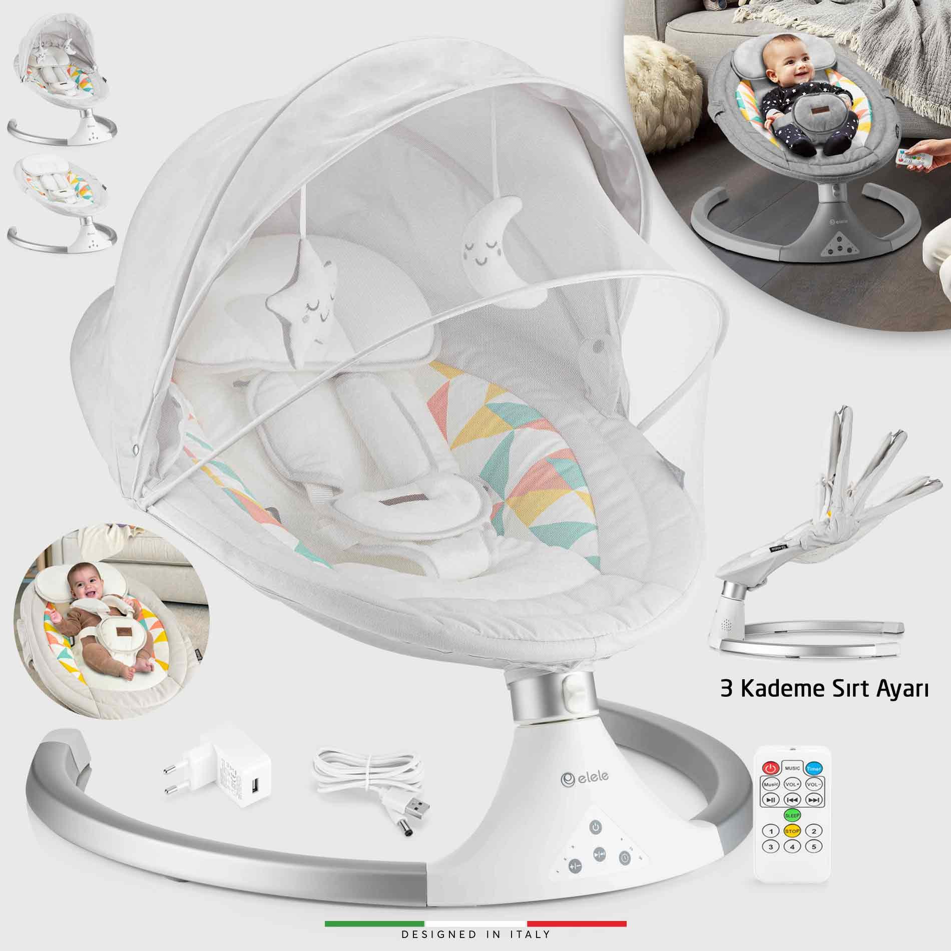 Elele Dormire Elektrikli Otomatik Sallanan Ana Kucağı Açık Gri-Beyaz -  Elele Baby