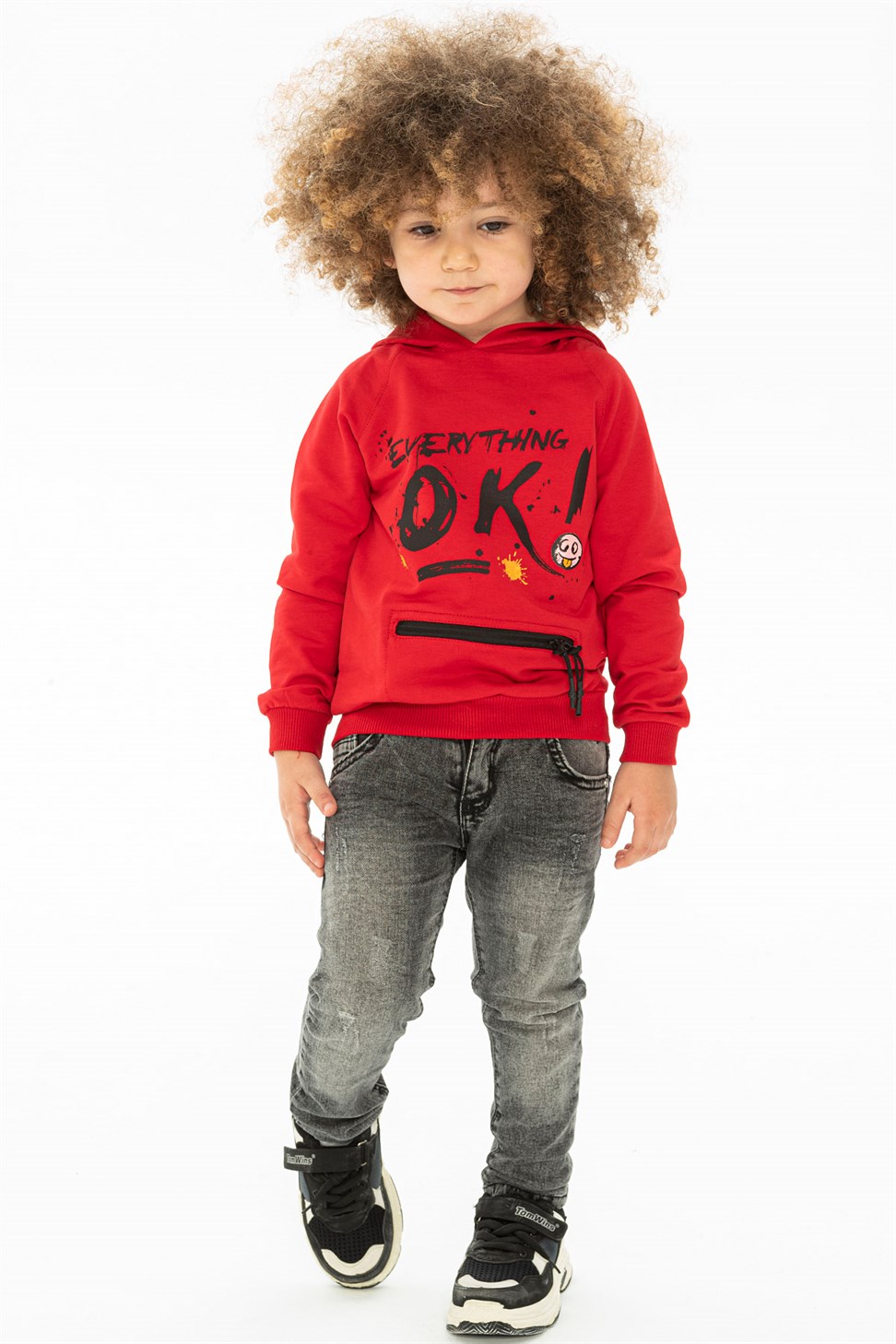 --Erkek Çocuk Kırmızı Everything Baskılı Kapüşonlu Sweatshirt