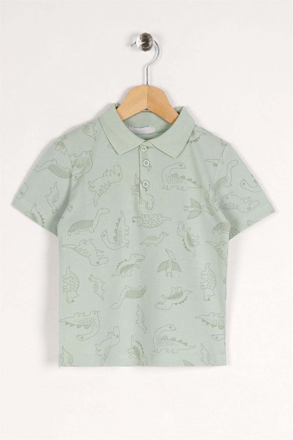 Acar-Erkek Çocuk Çağla Yeşil Renkli Dinazor Baskılı Gömlek Yaka Tişört