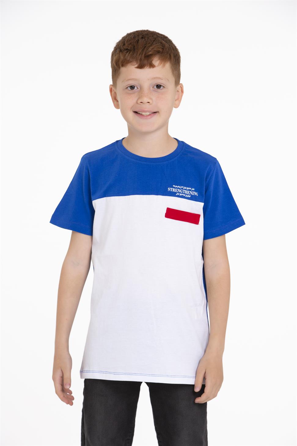 Acar Kids-Bisiklet Yaka Kısa Kol Cep Aksesuarlı Strengthenıng Baskılı Saks Beyaz Renk Erkek Çocuk Tshirt