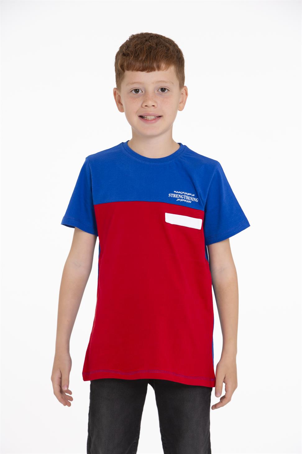 Acar Kids-Bisiklet Yaka Kısa Kol Cep Aksesuarlı Strengthenıng Baskılı Saks Kırmızı Renk Erkek Çocuk Tshirt