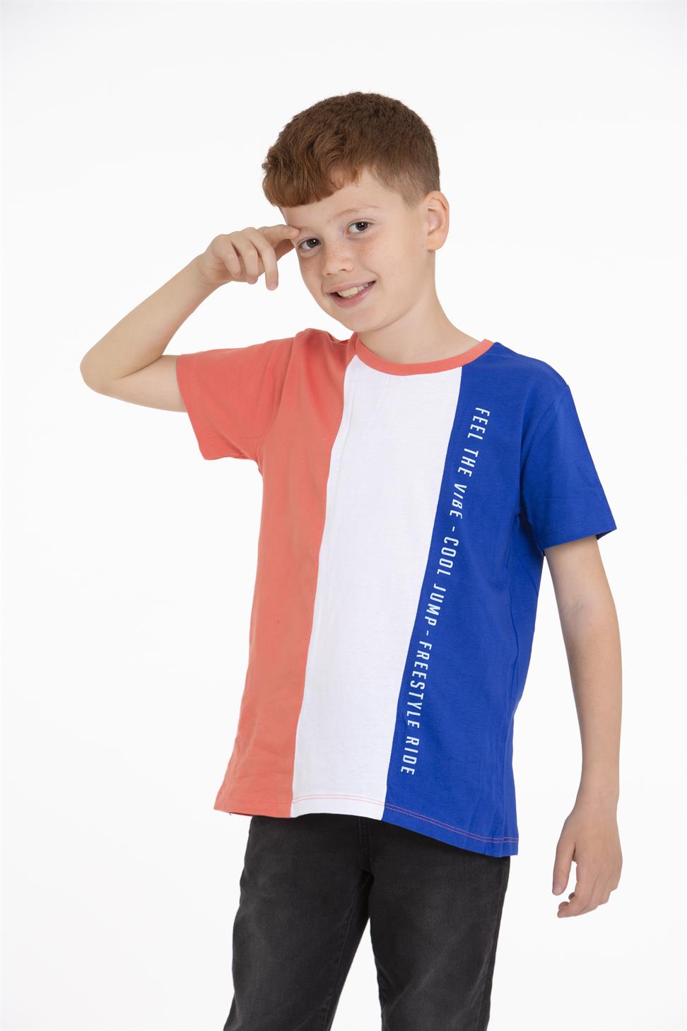 Acar Kids-Bisiklet Yaka Kısa Kol Feel The Vıbe Baskılı Çift Renkli Saks Renk Erkek Çocuk Tshirt