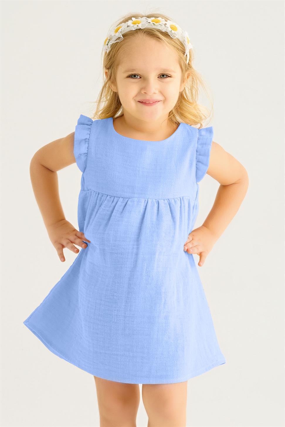 Acar-Kız Çocuk Bebe Mavisi Renkli  Omuzları Fırfırlı Pileli Elbise