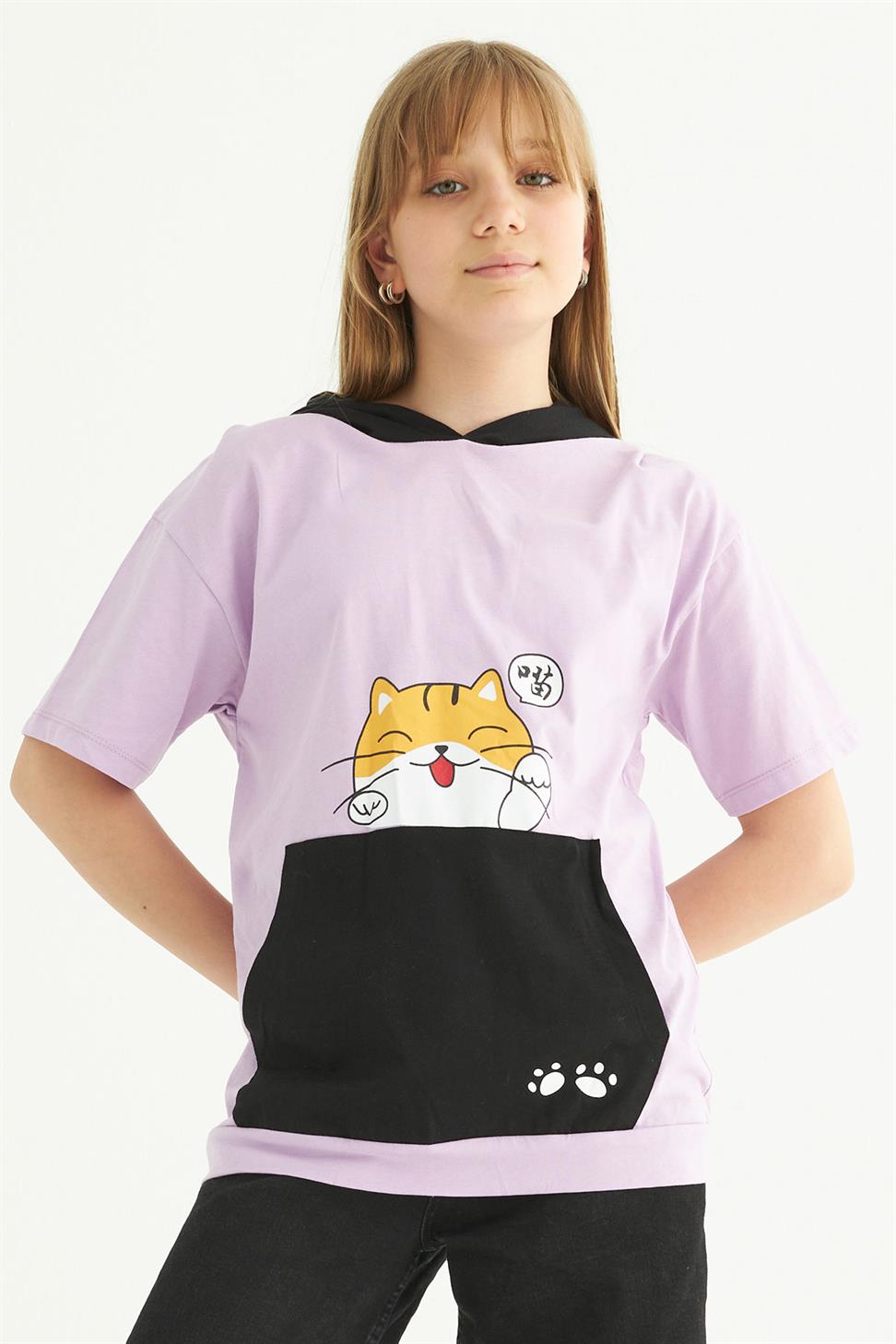 Acar-Kız Çocuk Lila Renkli Kapüşonlu Kısa Kollu Kedi Baskılı Tişört