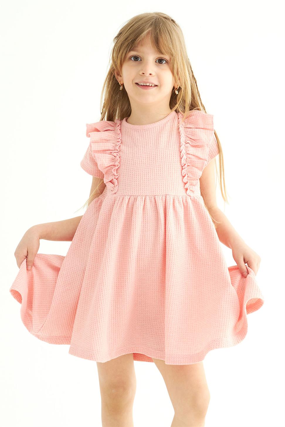 Acar-Kız Çocuk Pembe Renkli Fırfırlı Beli Büzgülü Elbise