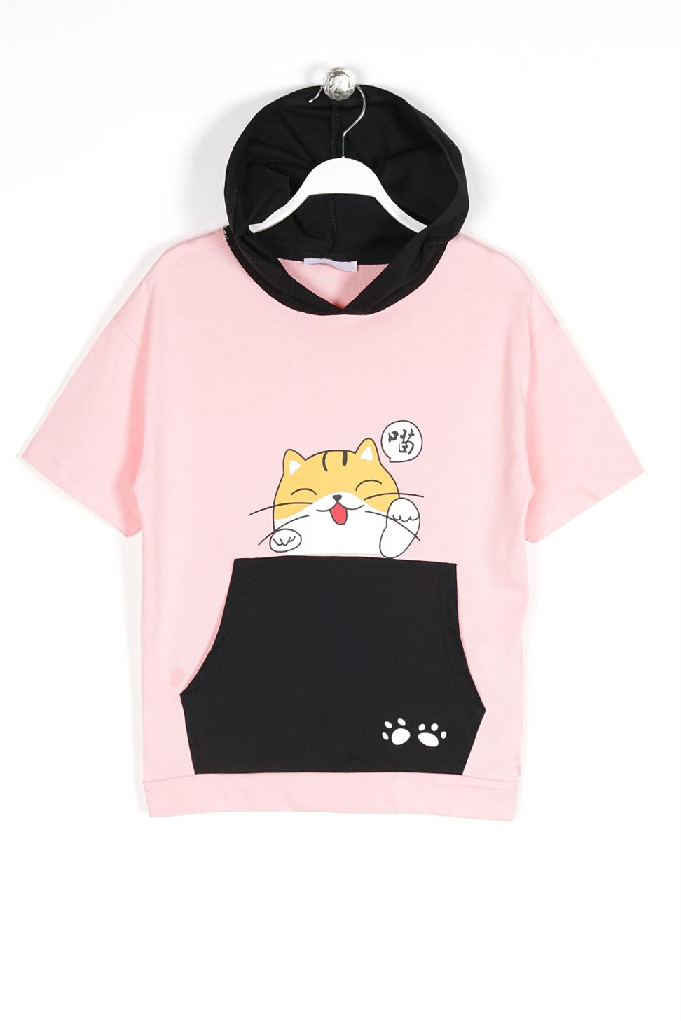 Acar-Kız Çocuk Pembe Renkli Kapüşonlu Kısa Kollu Kedi Baskılı Tişört