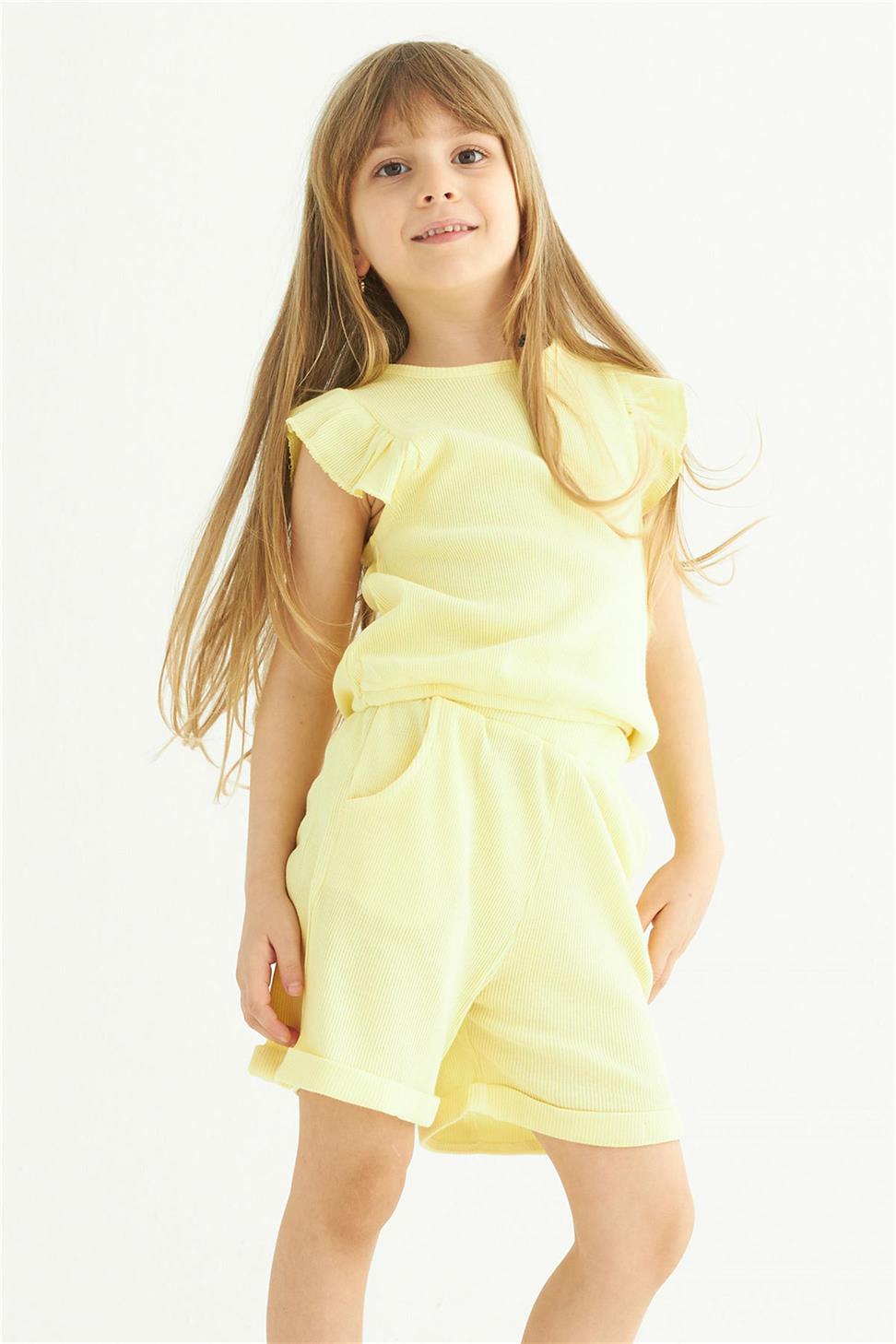 Acar-Kız Çocuk Sarı Renkli  Fırfırlı Şortlu Takım
