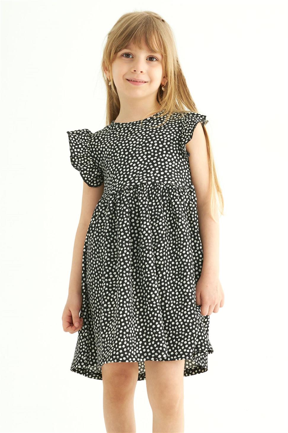 Acar-Kız Çocuk Siyah Renkli Puantiyeli Fırfırlı Elbise