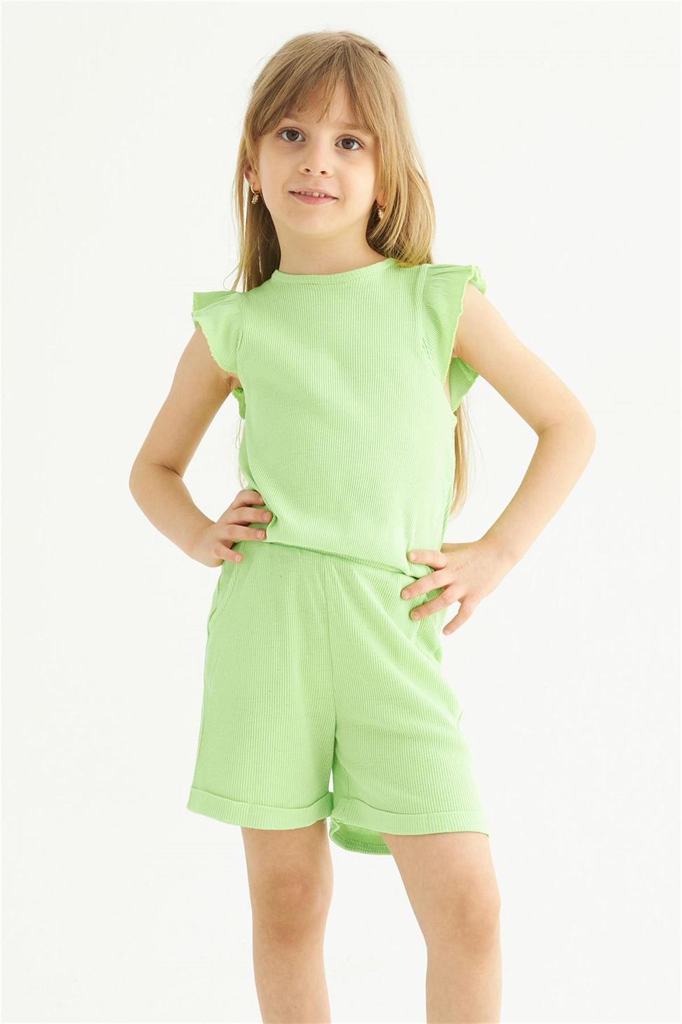 Acar-Kız Çocuk Yeşil Renkli  Fırfırlı Şortlu Takım