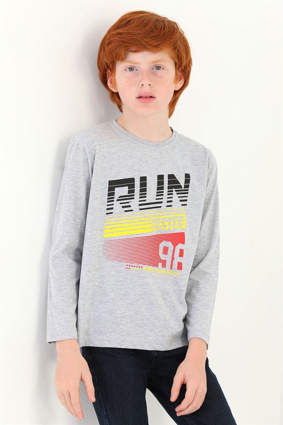 Wewe-Erkek Çocuk Gri Renkli Uzun Kollu Run Faster Baskılı Tişört