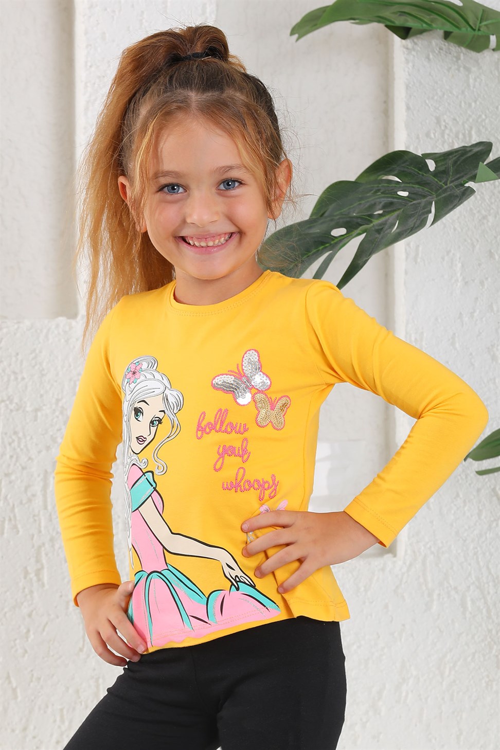 Wewe-Kız Çocuk Hardal Renkli Bisiklet Yaka Prenses Baskılı Uzun Kollu Tişört