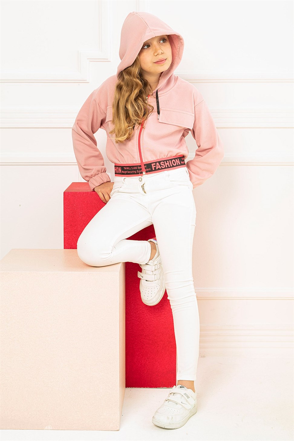 Acar-Kız Çocuk Pembe Renkli Kapüşonlu Fashion Baskılı Crop Sweatshirt