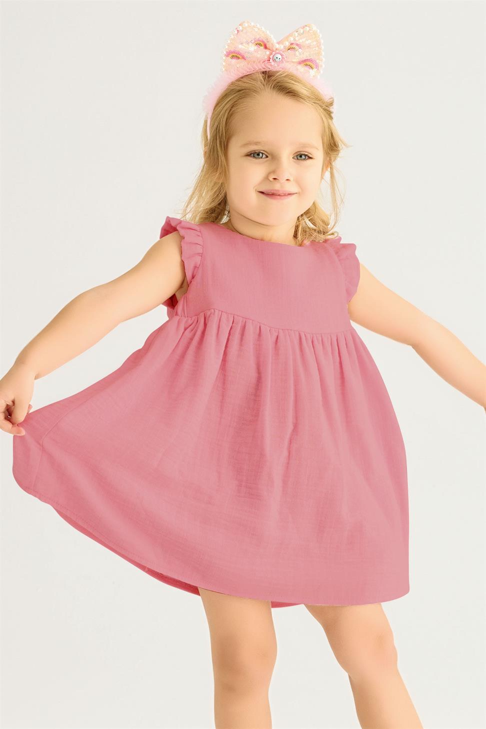 Kız Çocuk Pembe Renkli Omuzları Fırfırlı Pileli Elbise | Acar