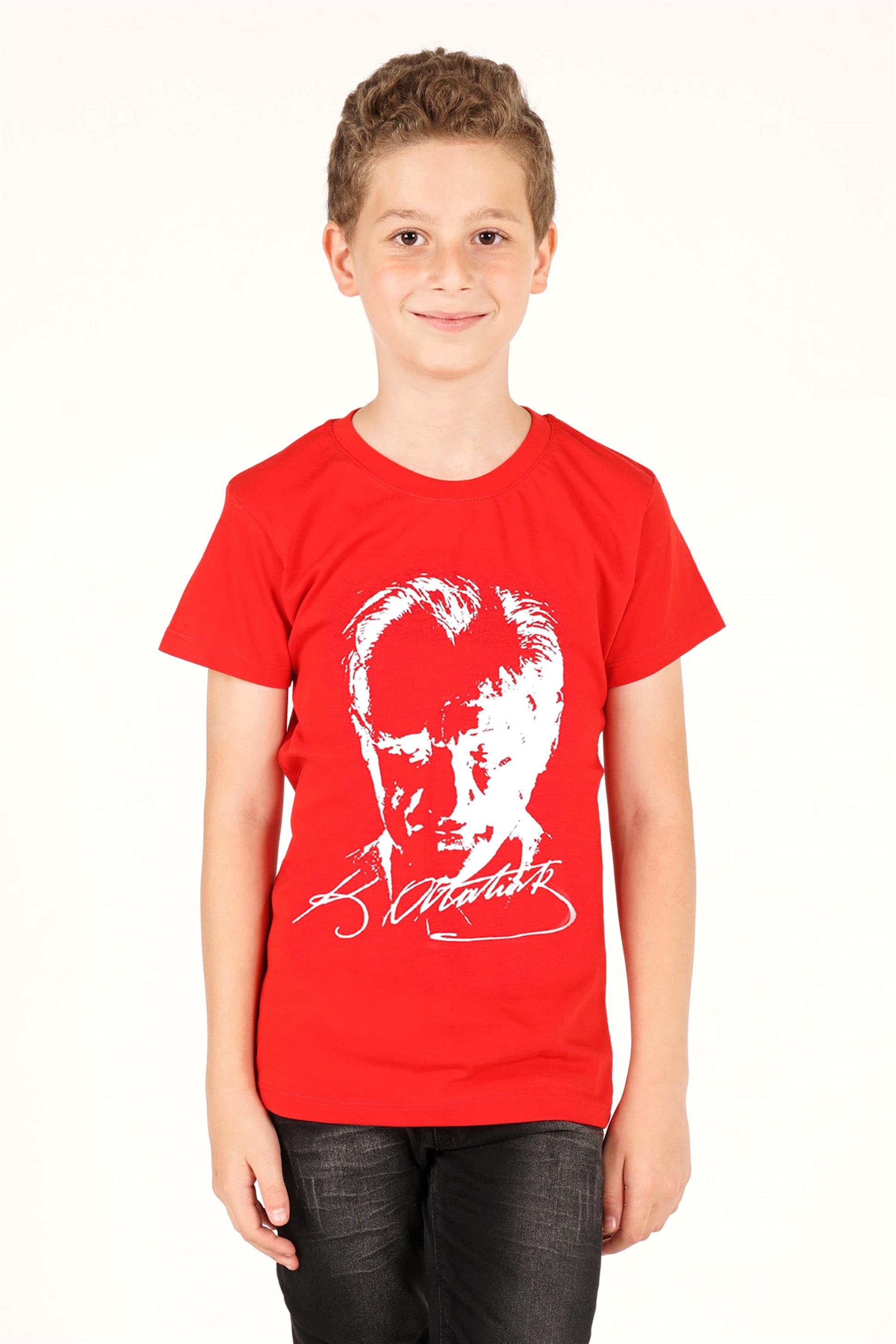 Erkek Çocuk Kırmızı Renkli Atatürk Baskılı Kısa Kollu Tişört | Acar