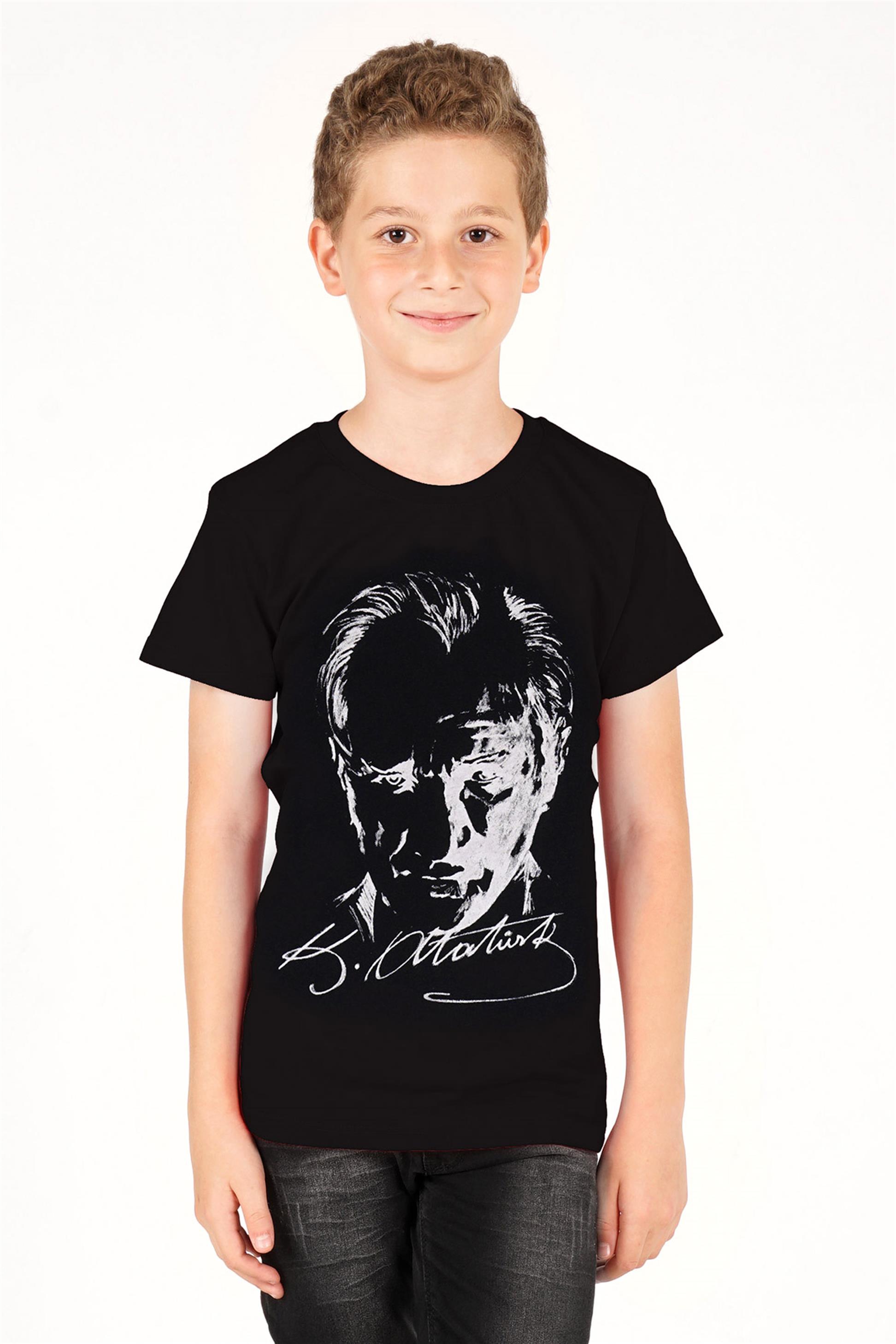 Erkek Çocuk Siyah Renkli Atatürk Baskılı Kısa Kollu Tişört | Acar