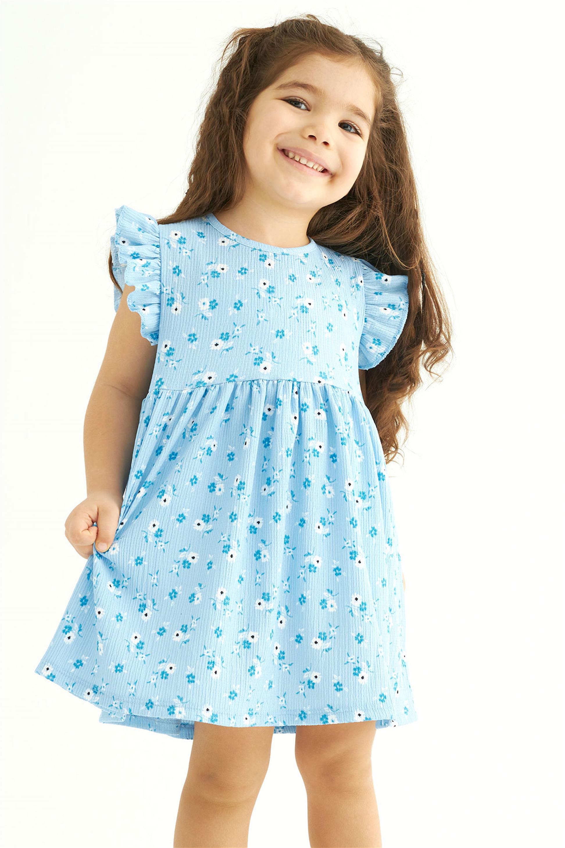 Kız Çocuk Mavi Rengi Puantiyeli Fırfırlı Elbise | Acar