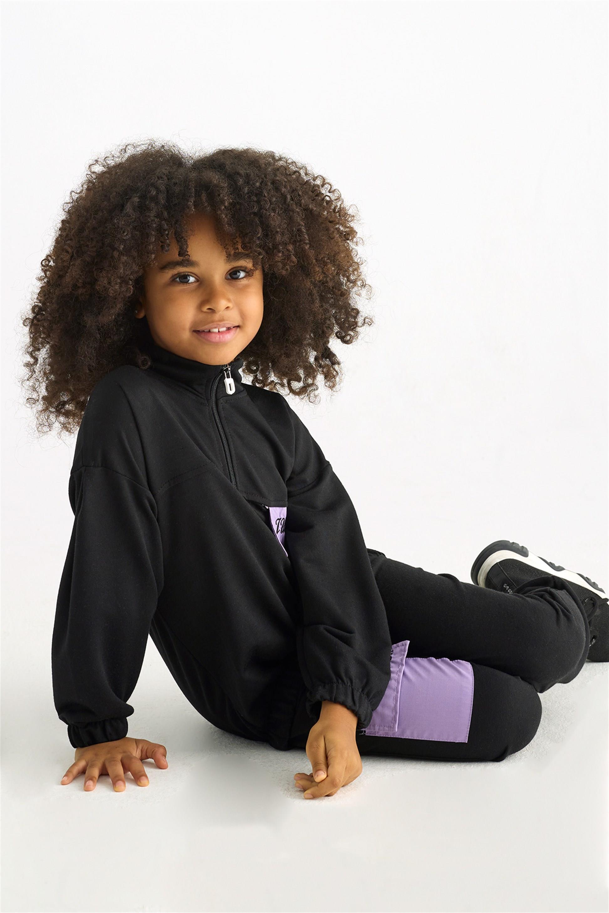 Kız Çocuk Siyah Renkli Cepli Just Do Baskılı Fermuarlı Beli Lastikli Eşofman  Takımı | Acar