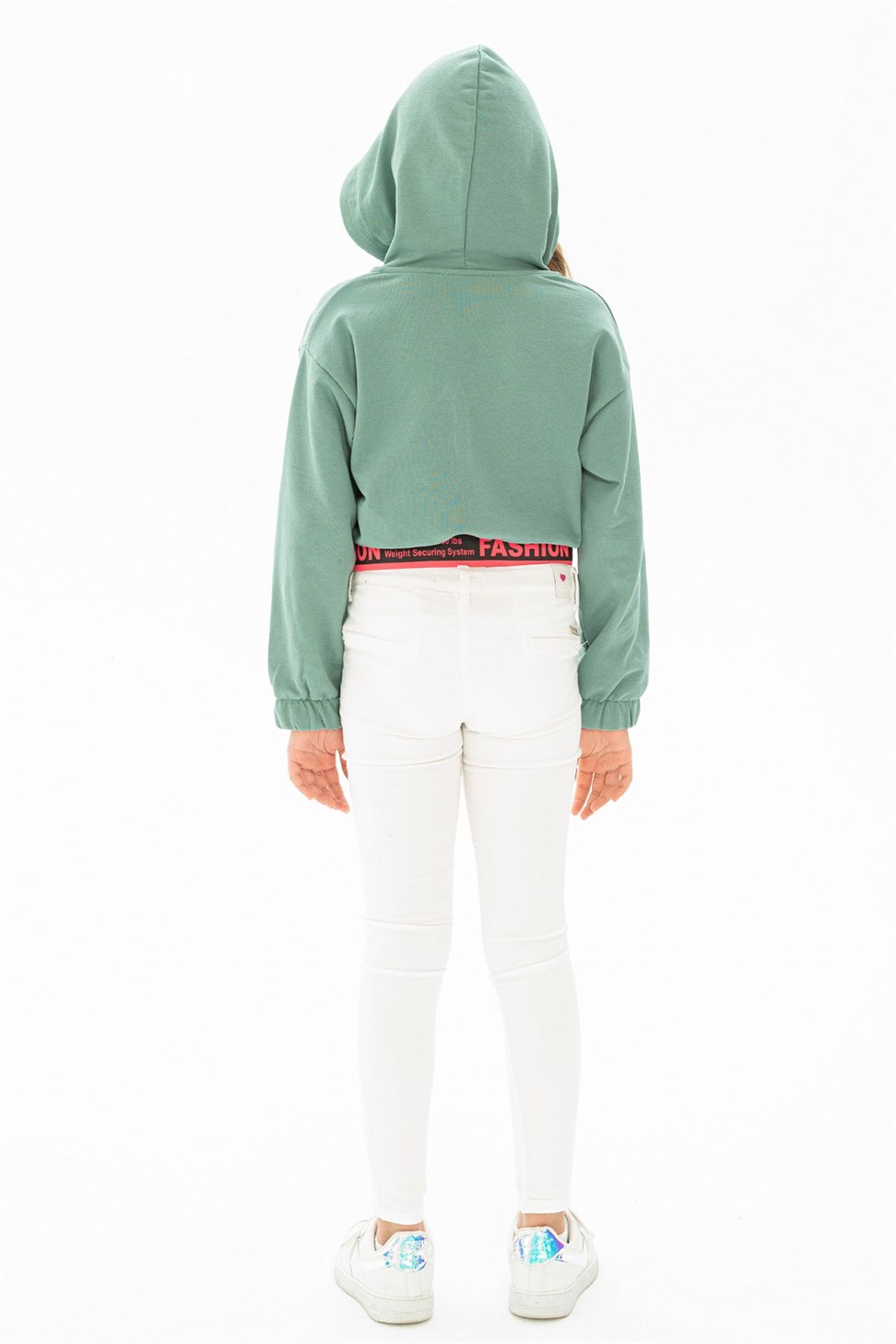 Acar-Kız Çocuk Çağla Yeşil Renkli Kapüşonlu Fashion Baskılı Crop Sweatshirt