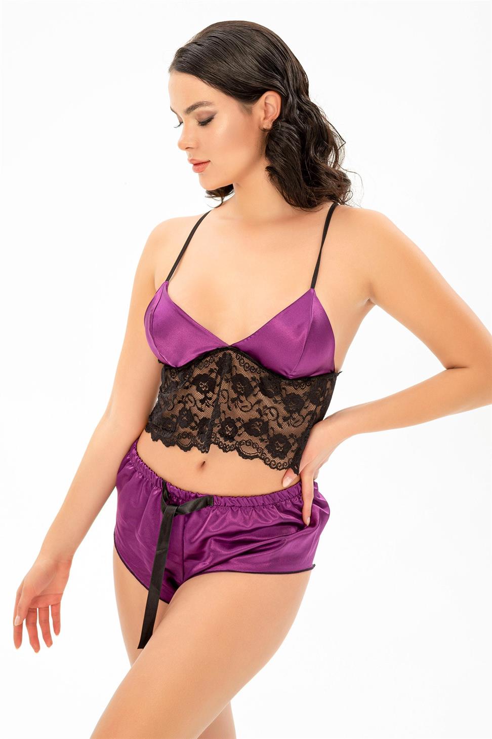 Askılı Sıfır Kol Mor Renk Kadın Fantezi Gecelık