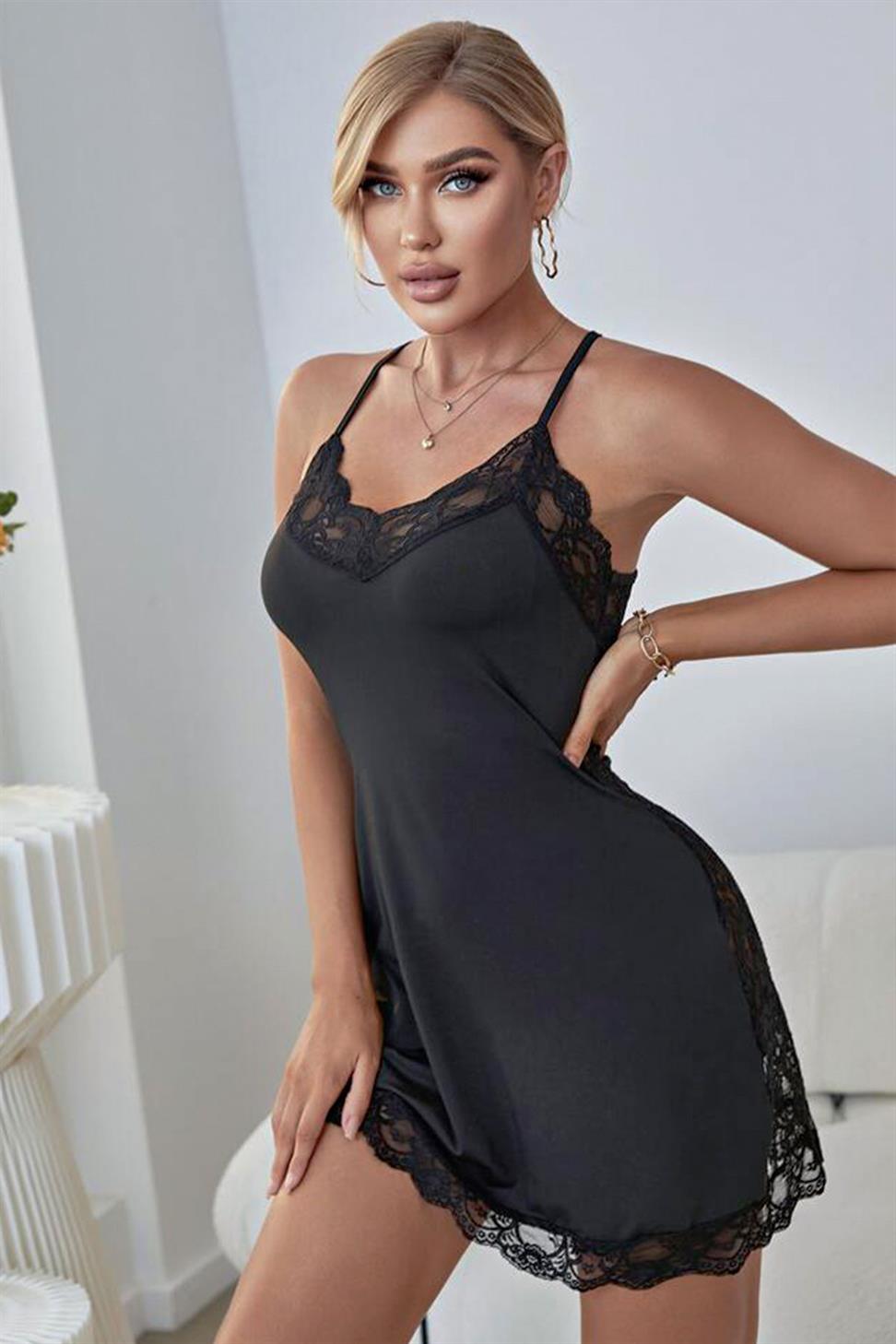 Boyundan Baglamalı Siyah Renk Kadın Fantezı Babydoll