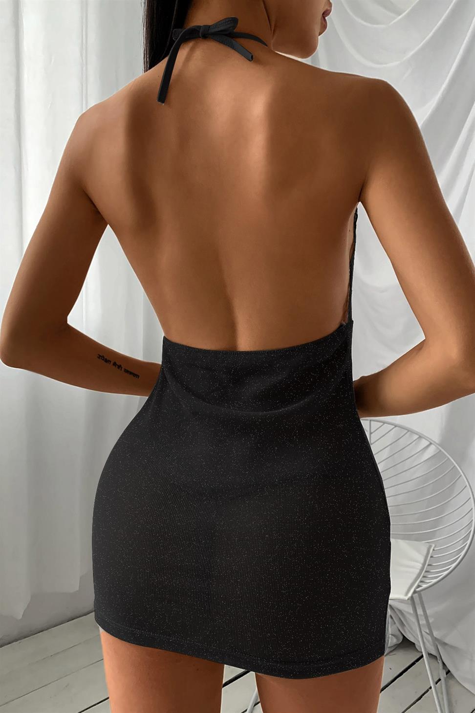 Dantel Detaylı Simli Süprem Siyah Renk Fantezi Elbise