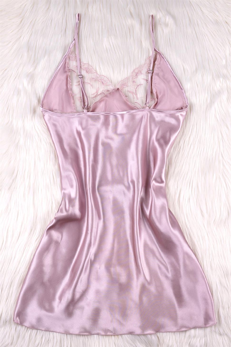 Dantelli Askılı Vizon Renk Saten Gecelik