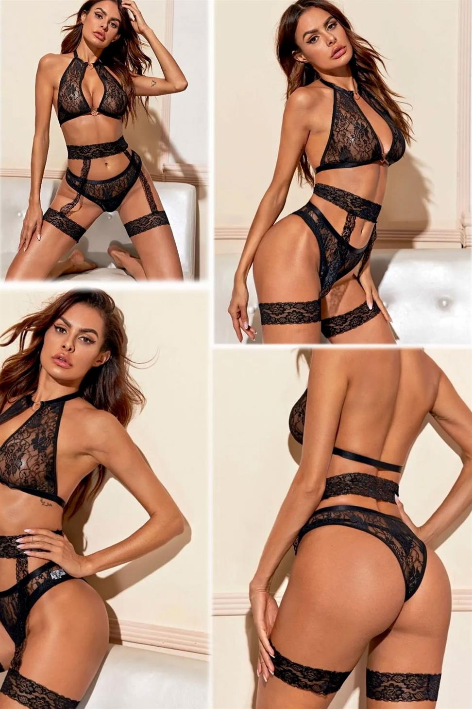 Gupurlu Siyah Renk Kadın Fantezı Gecelık