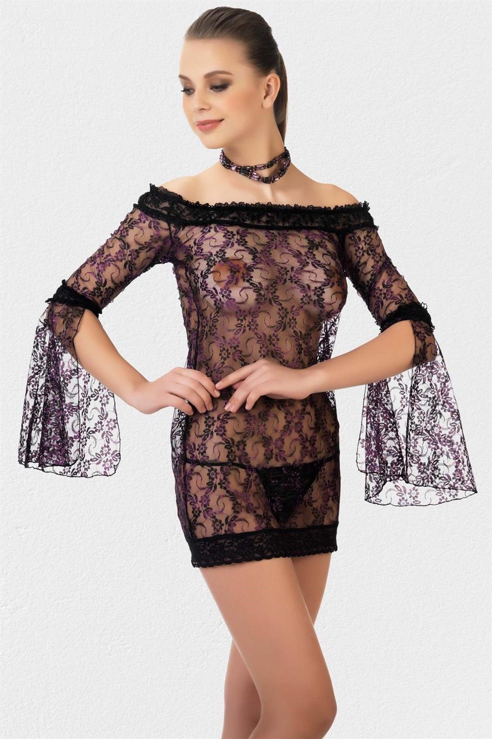 Kayıkcı Yaka Uzun Kol Siyah Renk Kadın Fantezi Gecelık