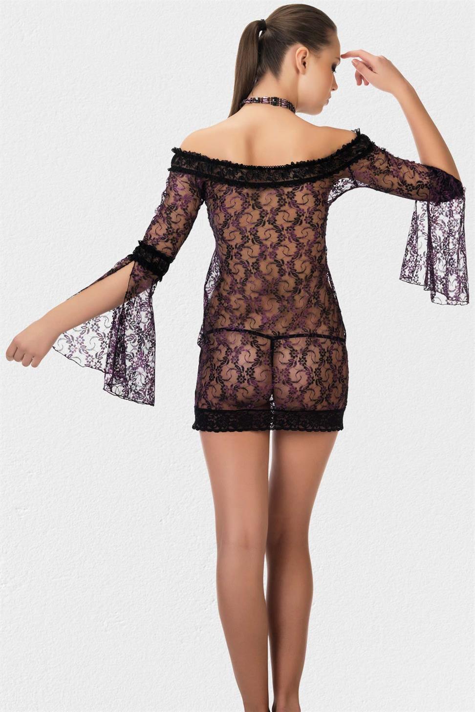 Kayıkcı Yaka Uzun Kol Siyah Renk Kadın Fantezi Gecelık