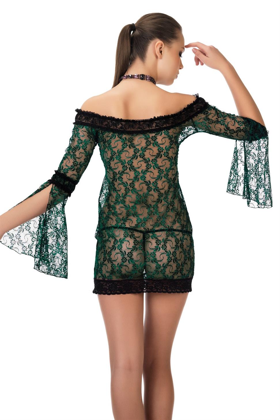 Kayıkcı Yaka Uzun Kol Yeşil Renk Kadın Fantezi Gecelık