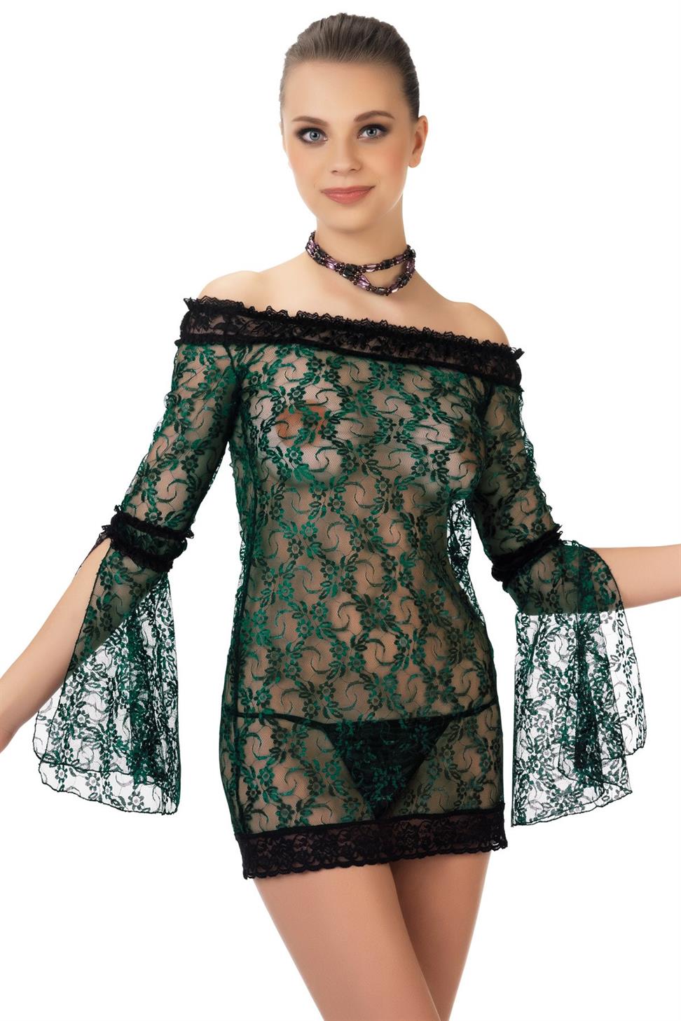 Kayıkcı Yaka Uzun Kol Yeşil Renk Kadın Fantezi Gecelık