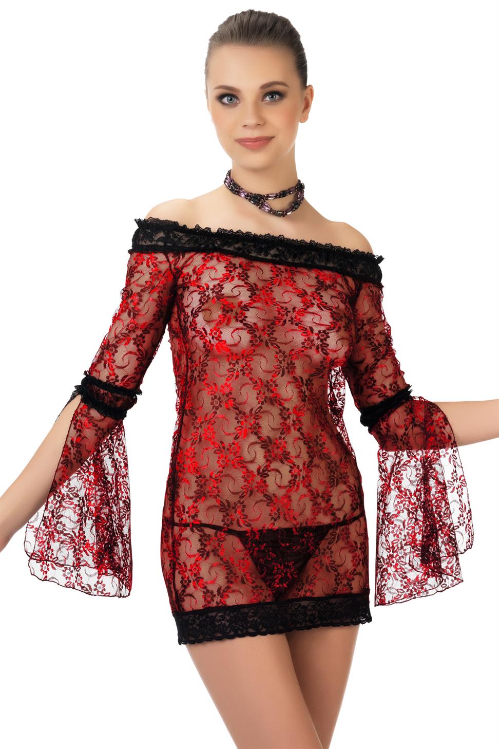 Kayıkçı Yaka Uzun Kol Siyah Renk Kadın Fantezi Gecelık