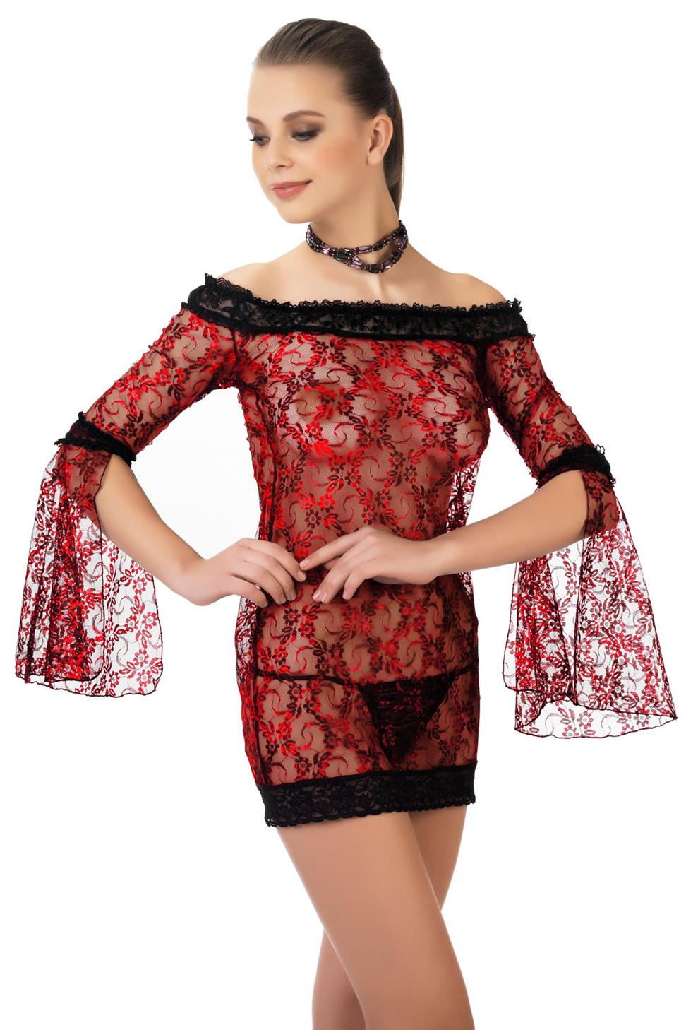 Kayıkçı Yaka Uzun Kol Siyah Renk Kadın Fantezi Gecelık