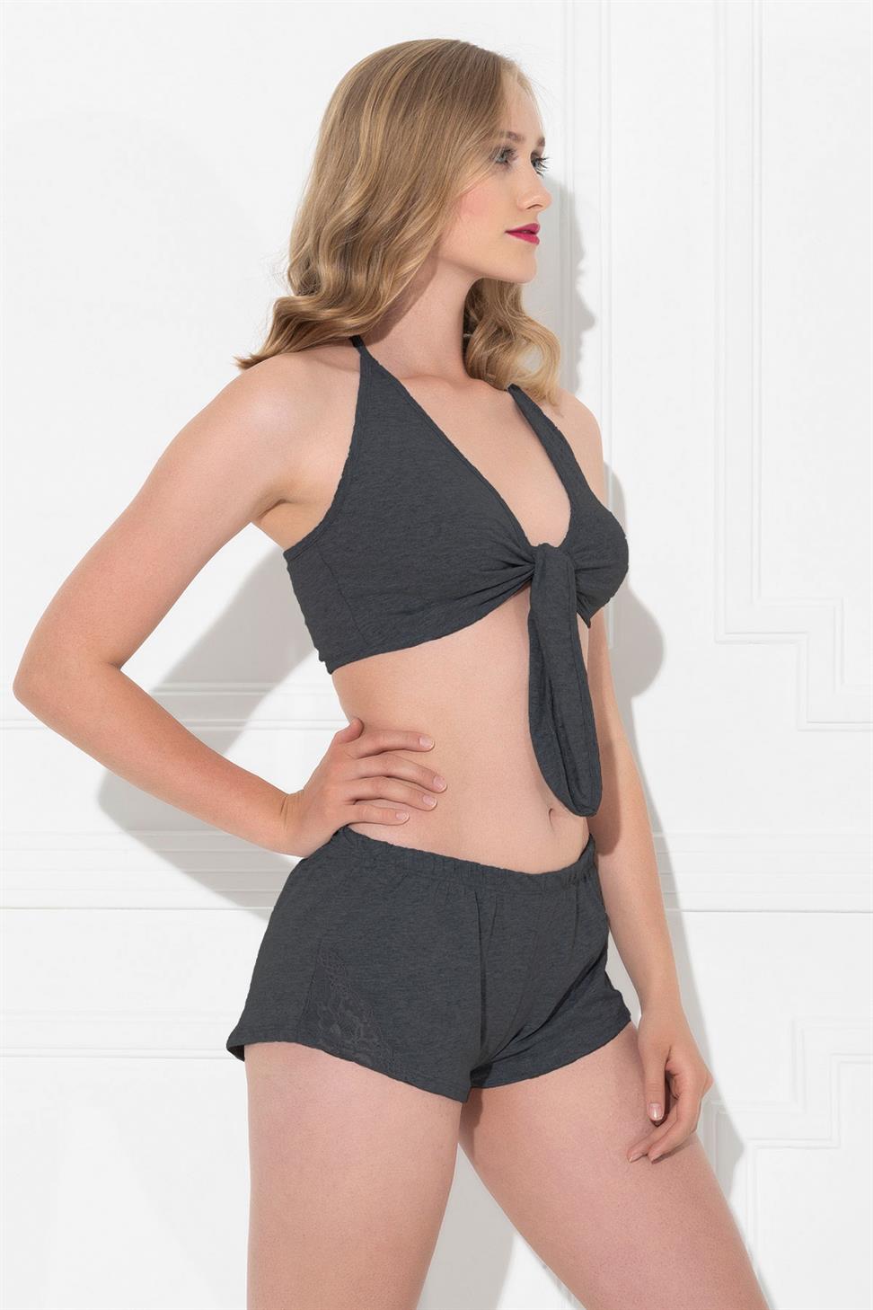 V Yaka Sıfır Kol Gri-antrasit Renk Kadın Pijama Takımı