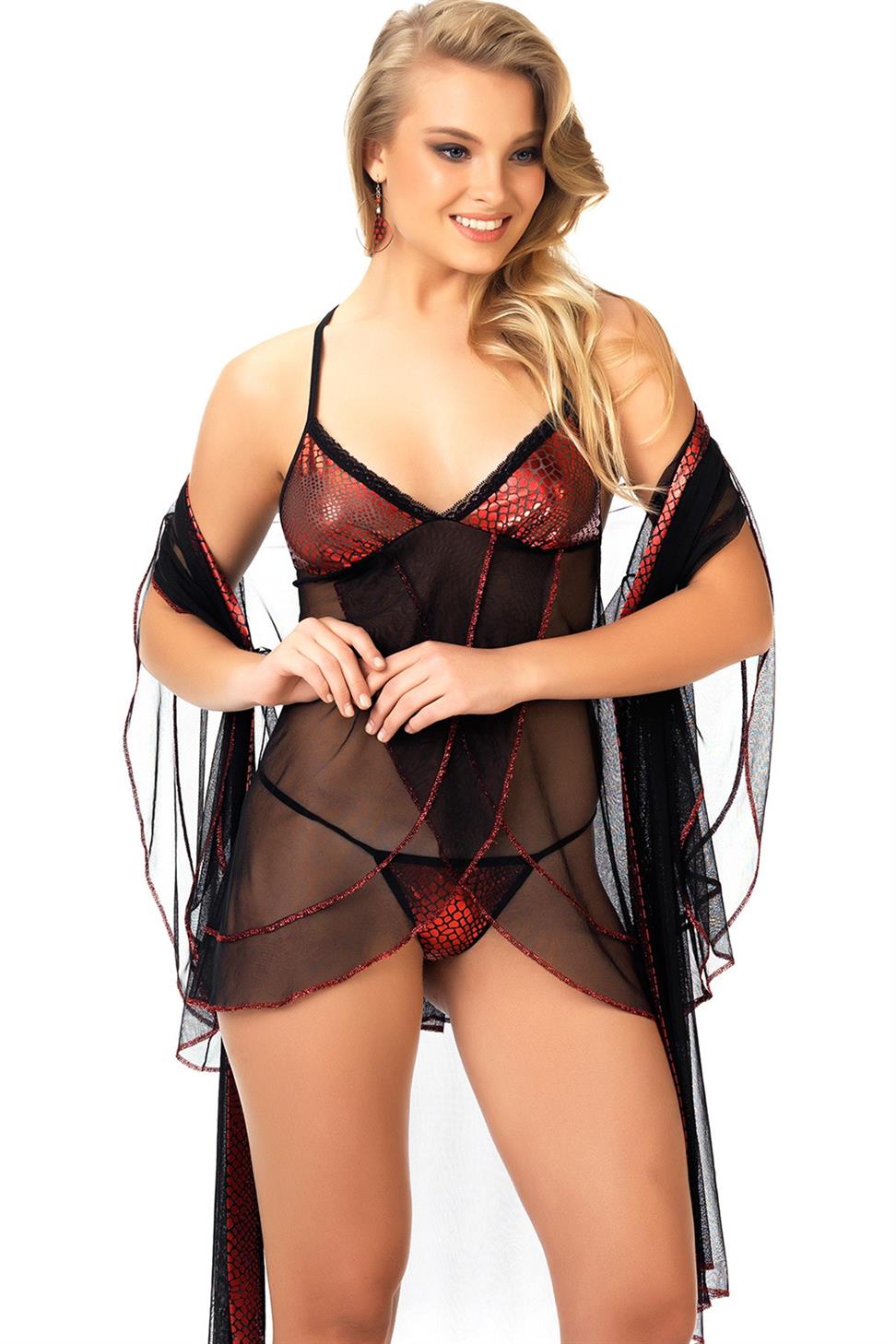 V Yaka Uzun Kol Siyah Kırmızı Renk Kadın Fantezi Gecelık