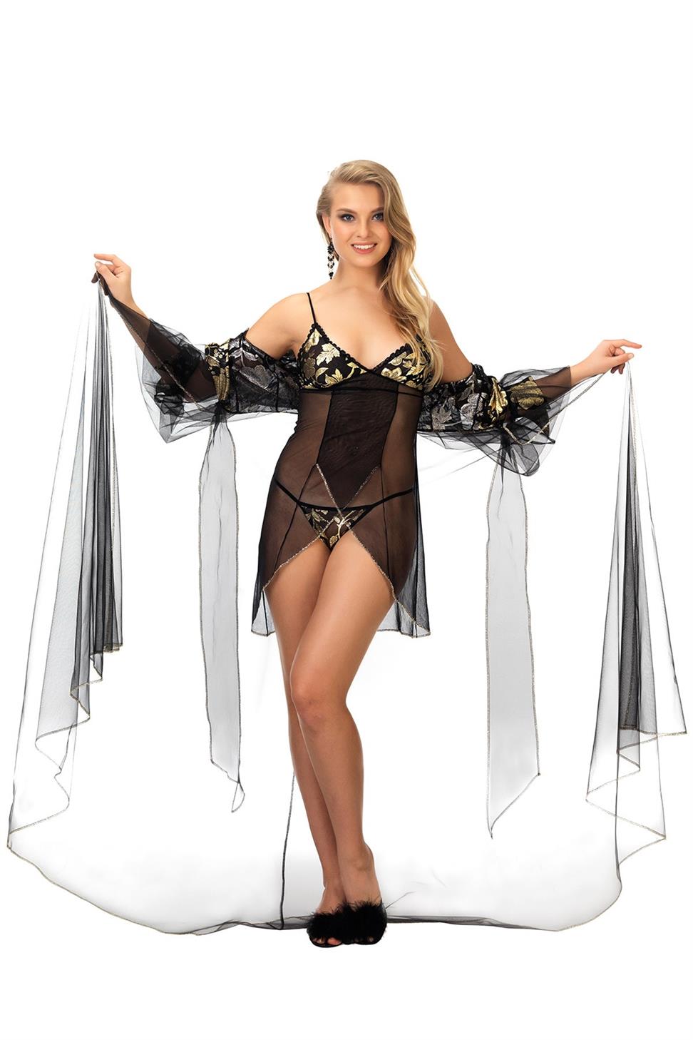 V Yaka Uzun Kol Siyah Renk Kadın Fantezi Gecelık