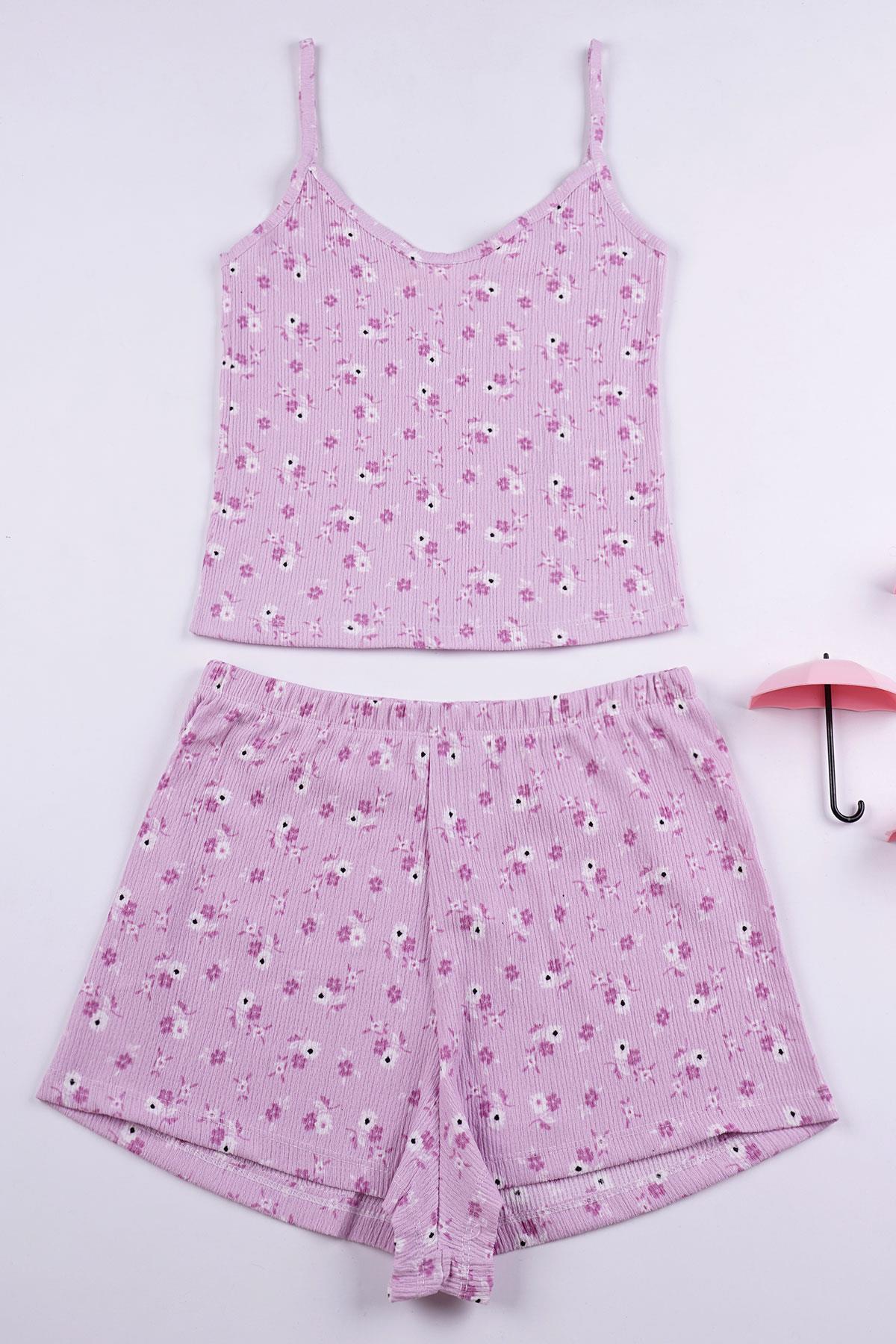 Askılı Çiçek Desenli Mint Renk Kadın Pijama Takımı