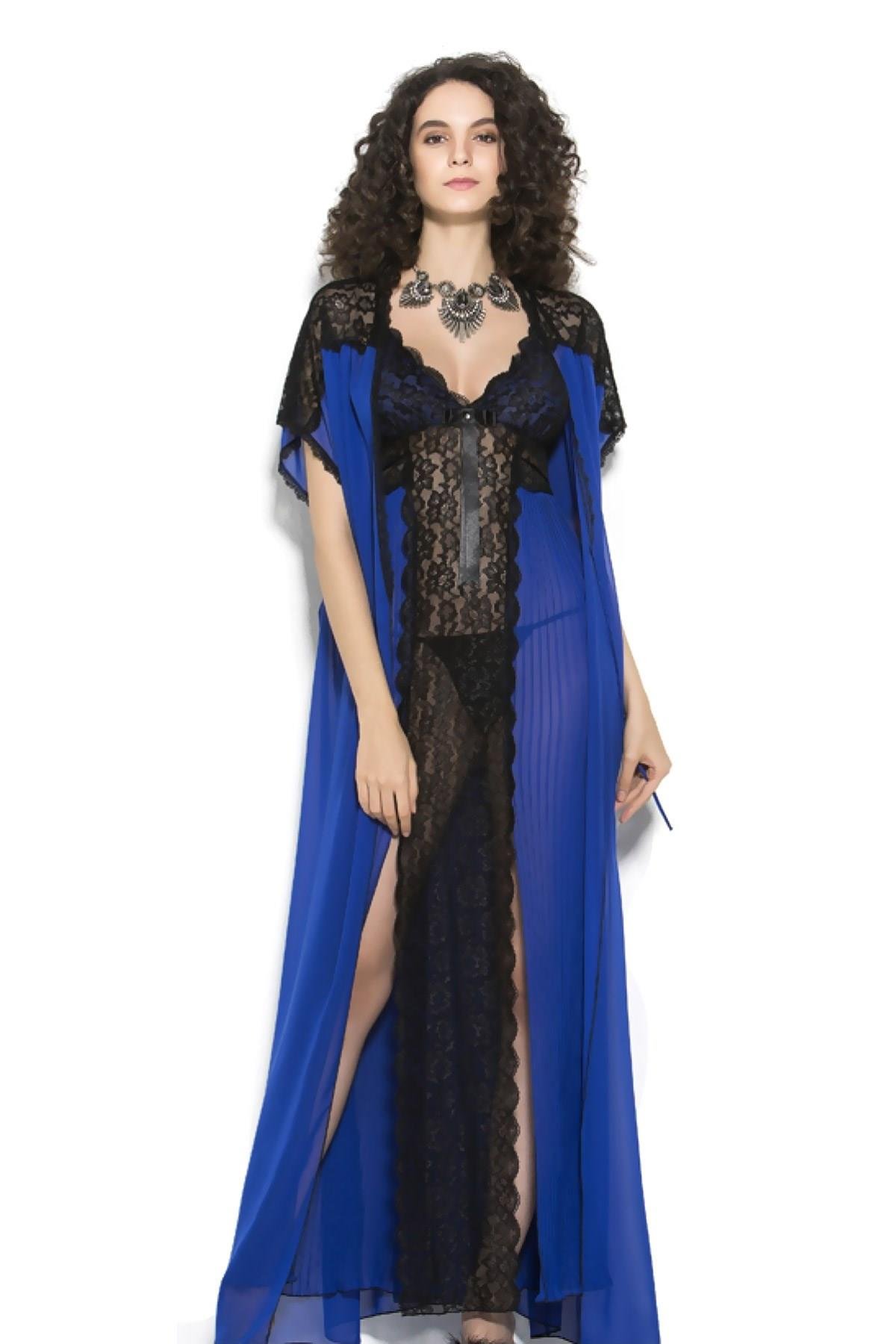 Askılı Kısa Kol Saks Renk Kadın Fantezi Gecelık