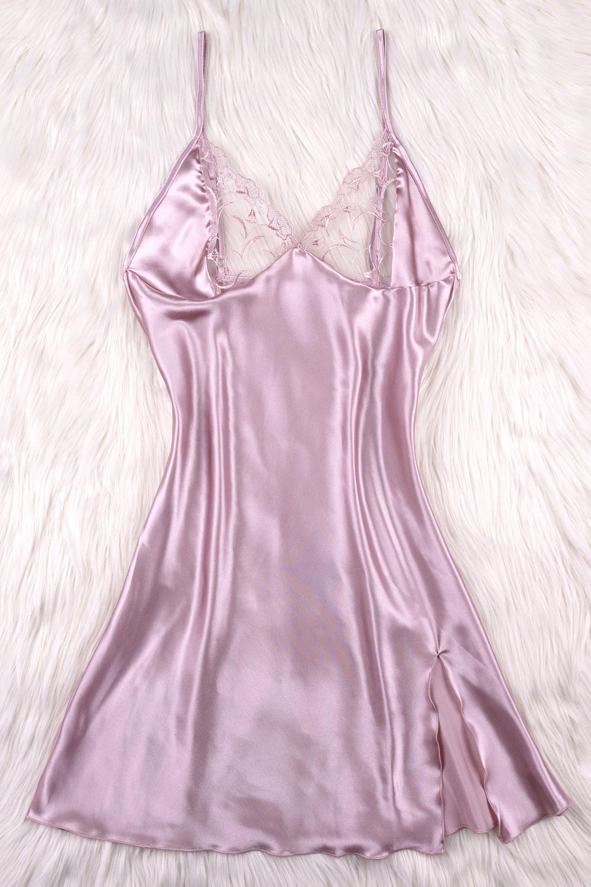 Dantelli Askılı Vizon Renk Saten Gecelik