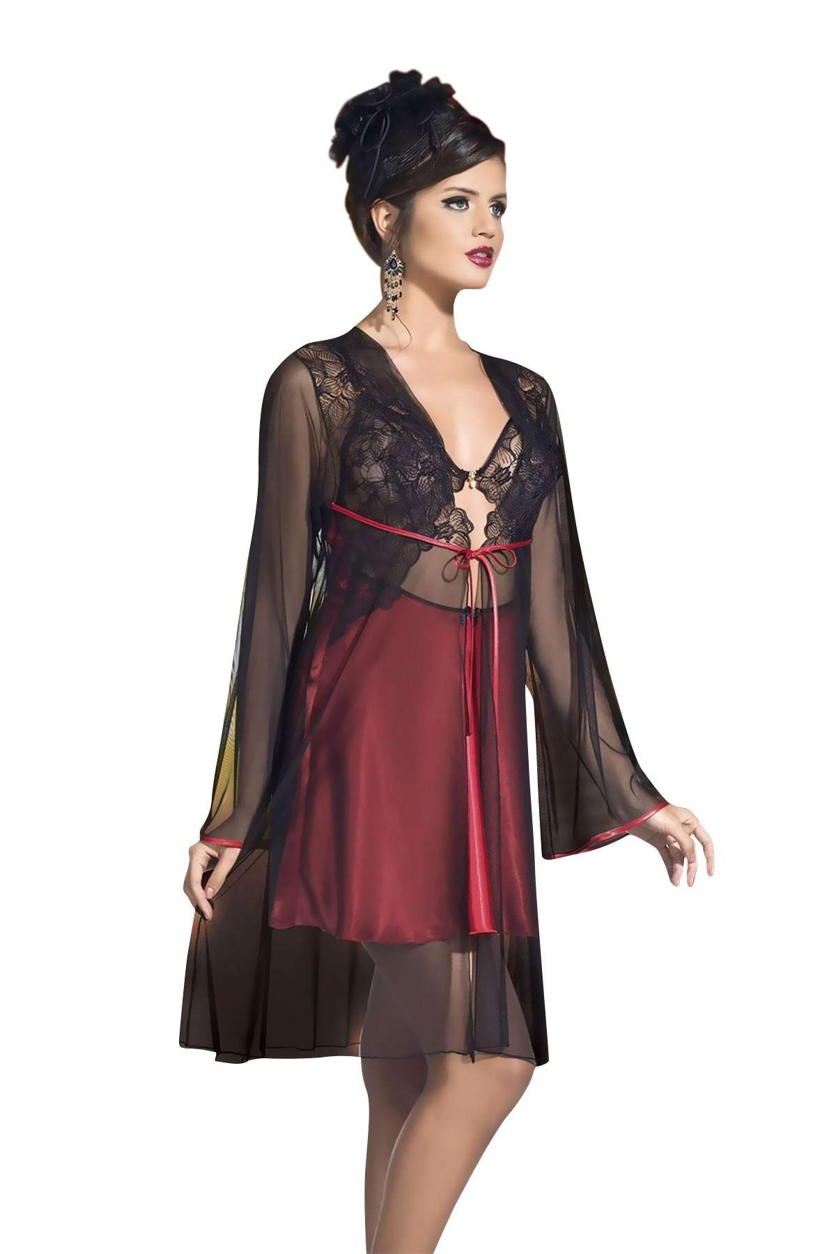 V Yaka Uzun Kol Kırmızı Renk Kadın Gecelık Takım