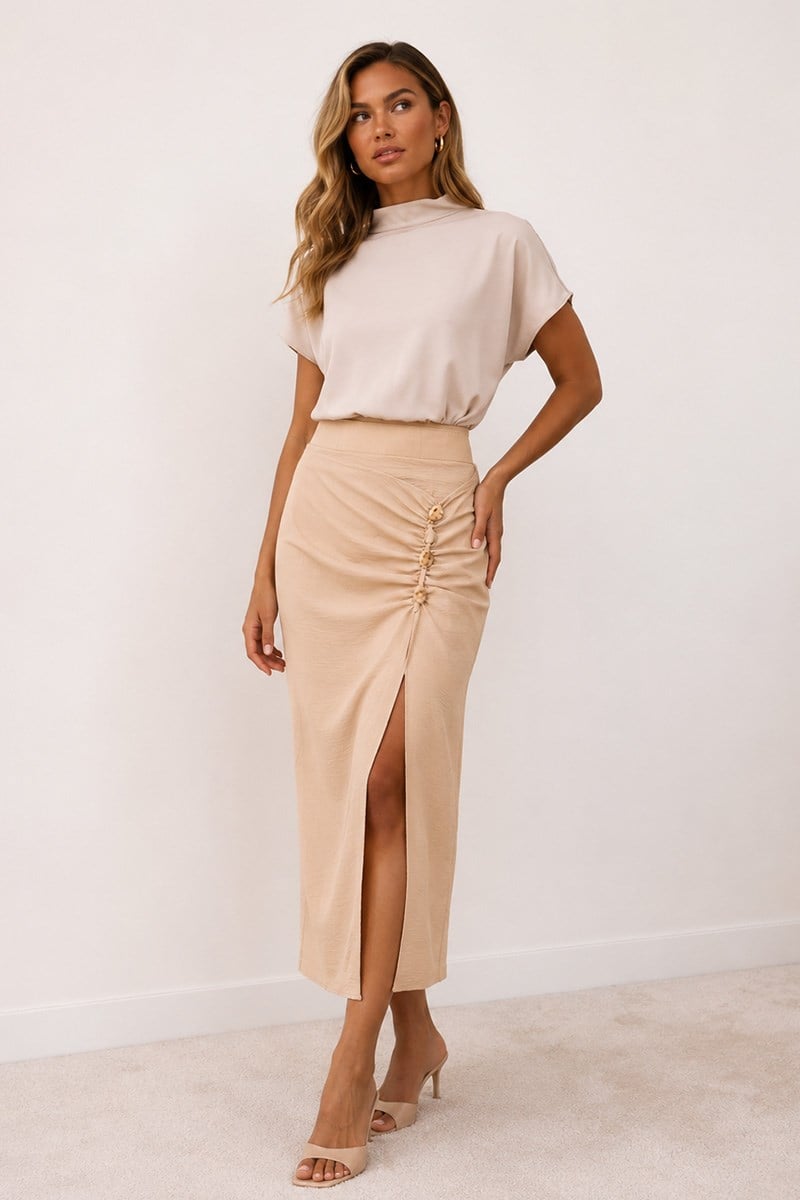 Aksesuarlı Midi Etek Bej | Fashion Friends