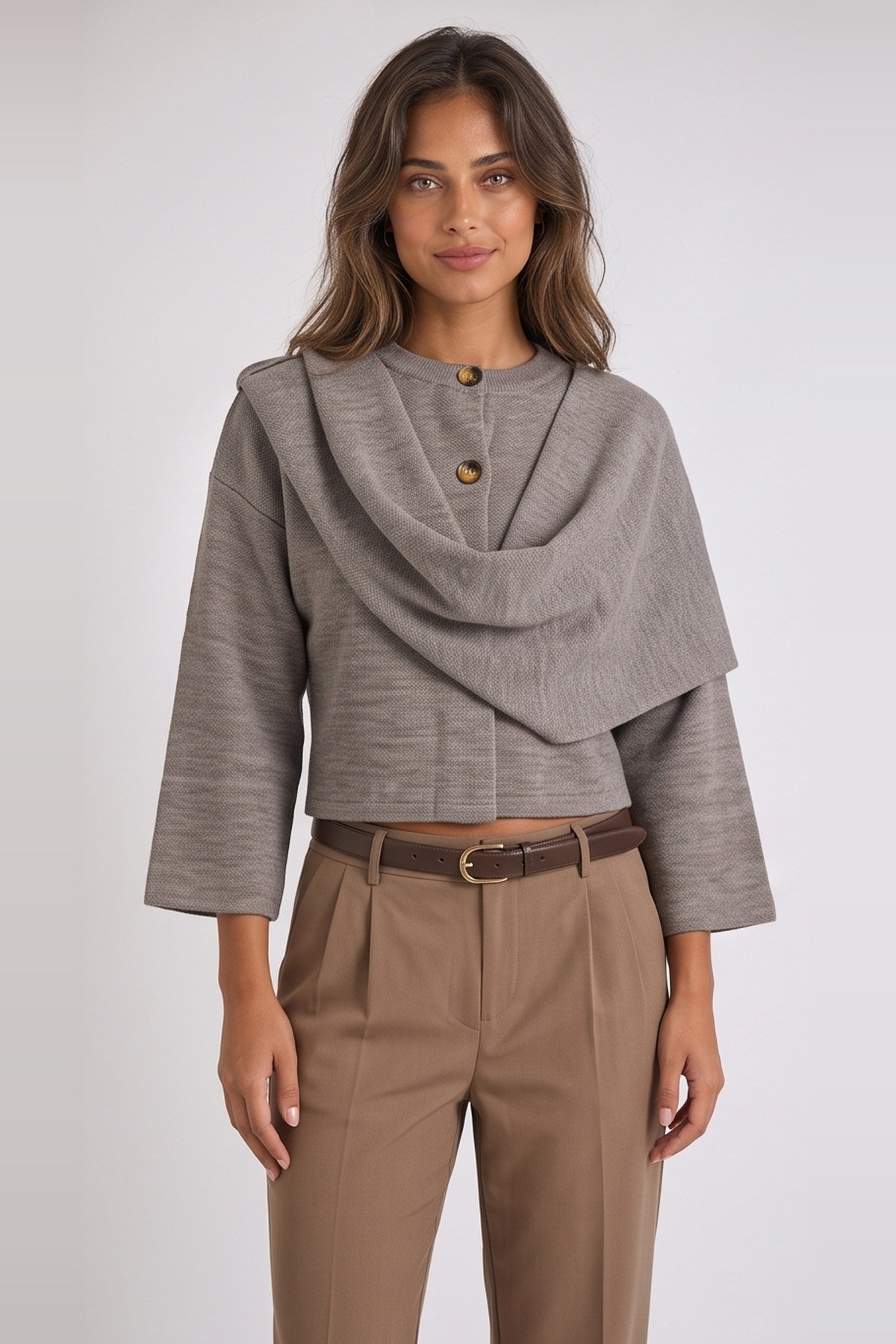 Atkılı Hırka Vizon Melanj | Fashion Friends