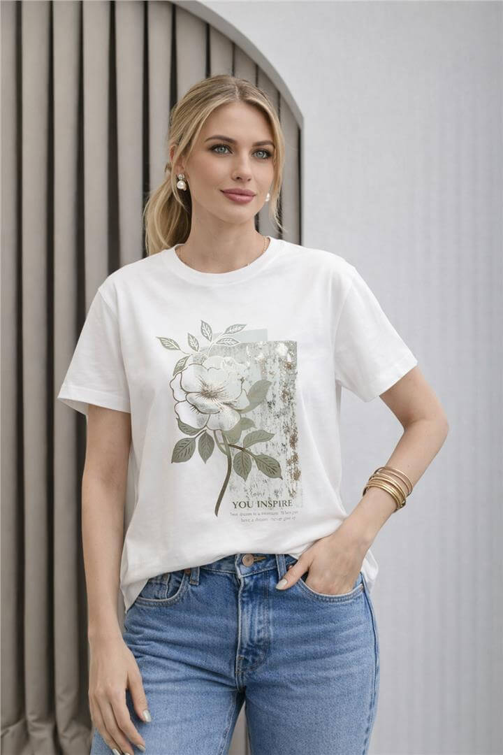 Baskılı T-Shirt Beyaz | Fashion Friends