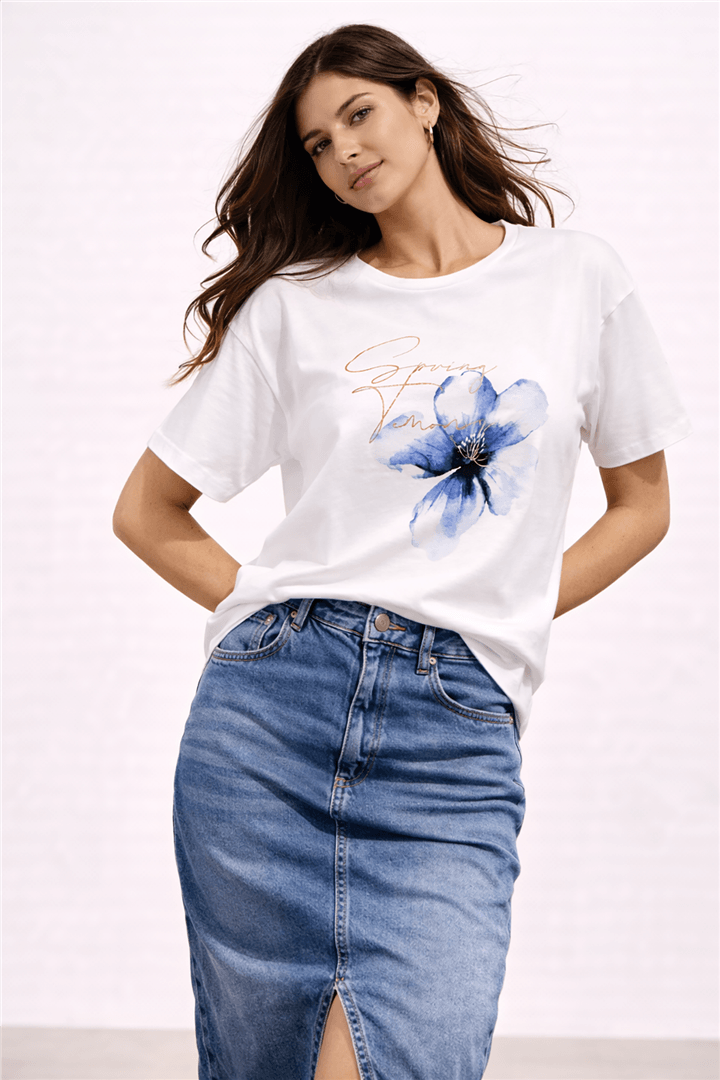 Baskılı T-Shirt Beyaz | Fashion Friends