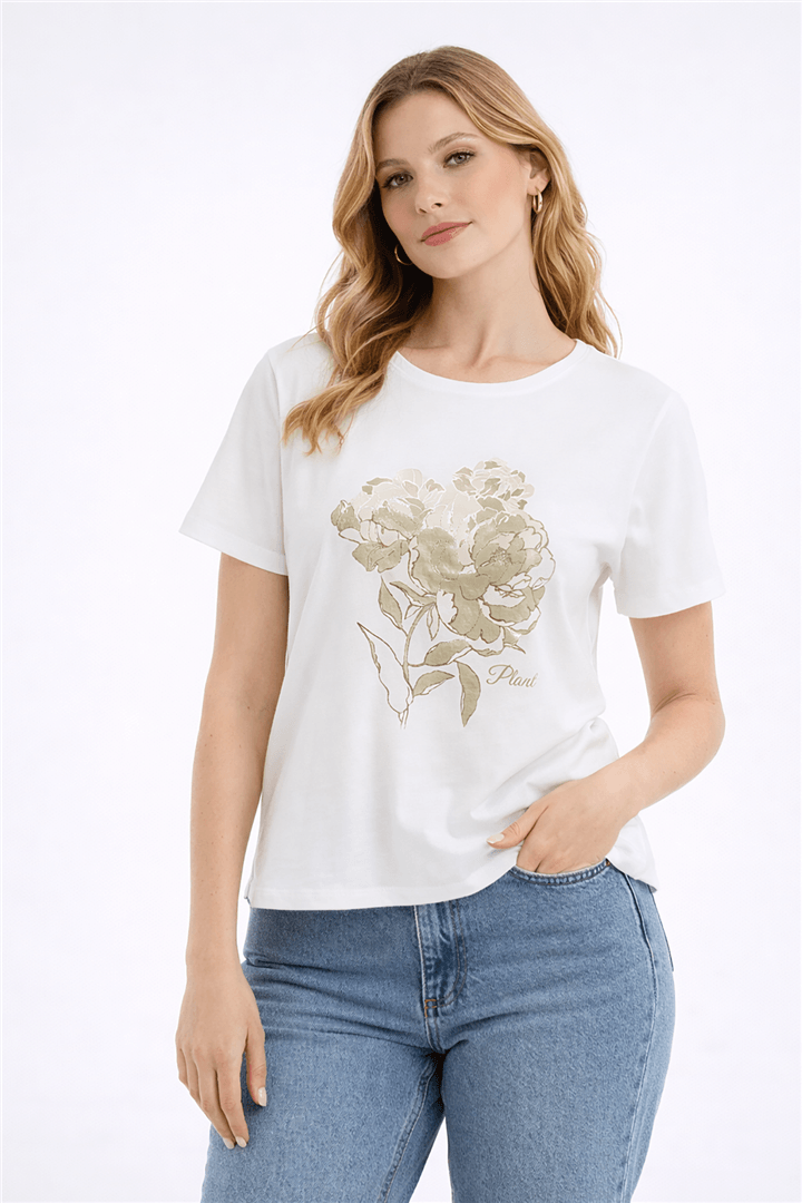 Baskılı T-Shirt Ekru | Fashion Friends