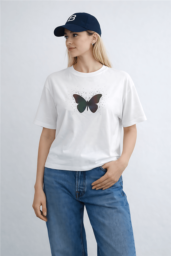 Baskılı T-Shirt Ekru | Fashion Friends