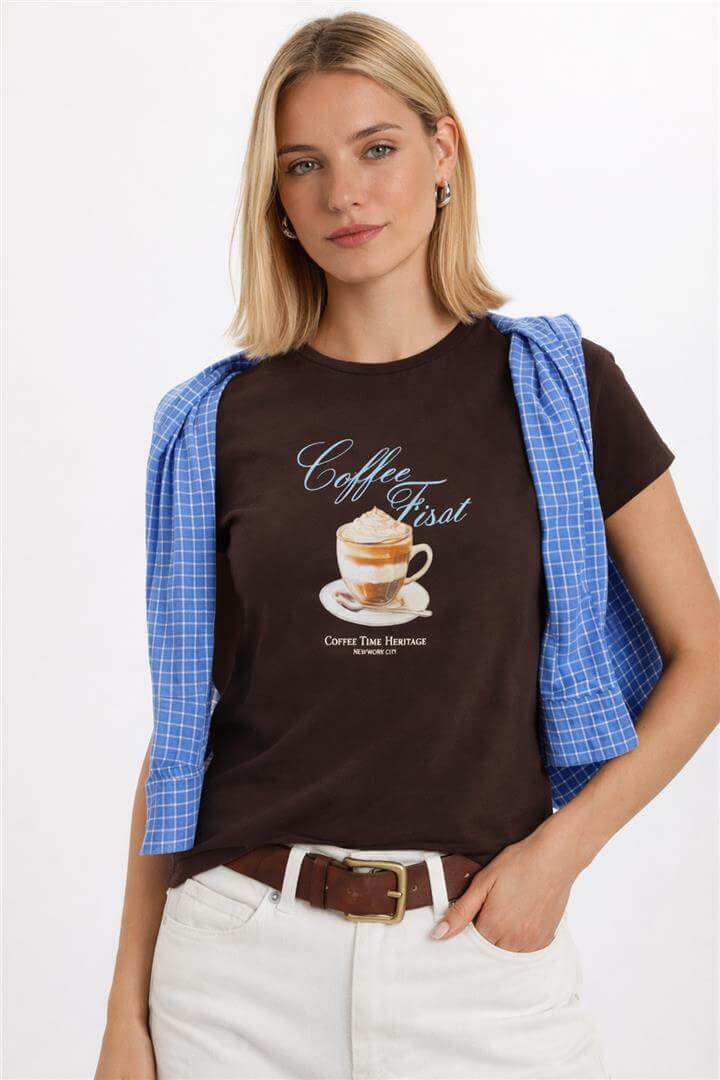 Baskılı T-Shirt Kahve | Fashion Friends
