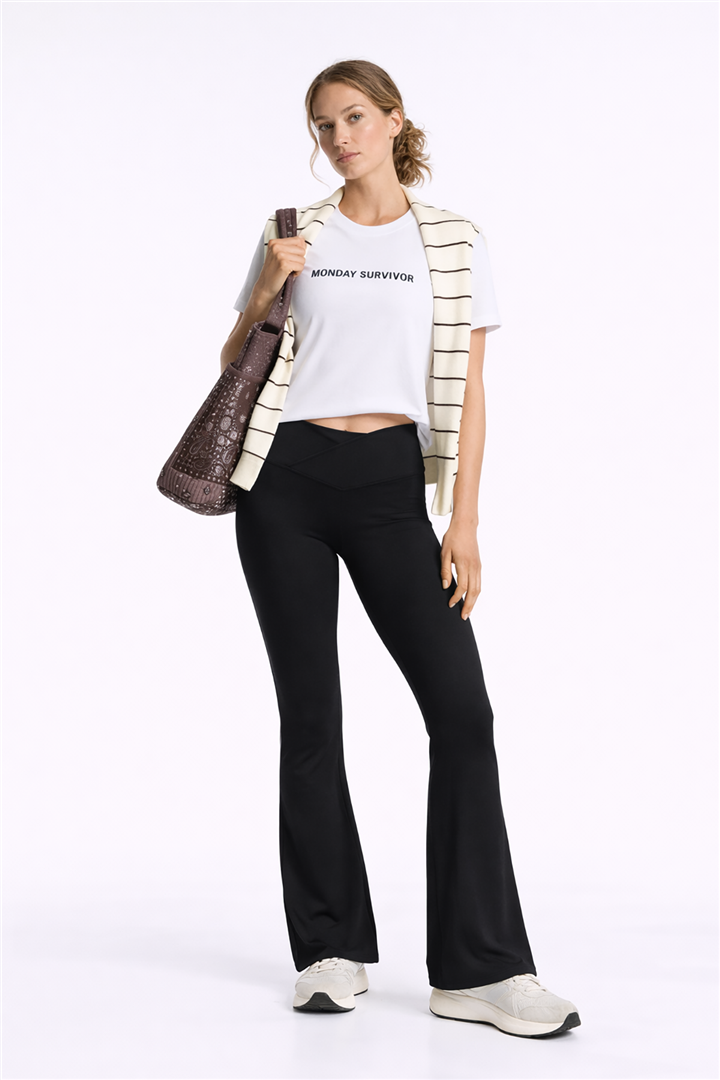 Çapraz Kemerli Flare Tayt Siyah | Fashion Friends