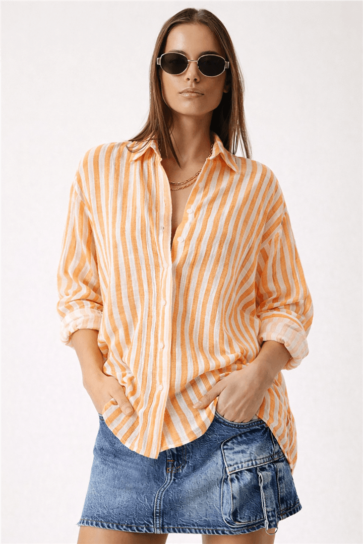 Çizgili Gömlek Turuncu | Fashion Friends